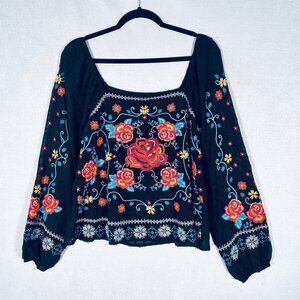 Savanna Jane Top Womens S Black Floral Embroidered Blouse Cottage